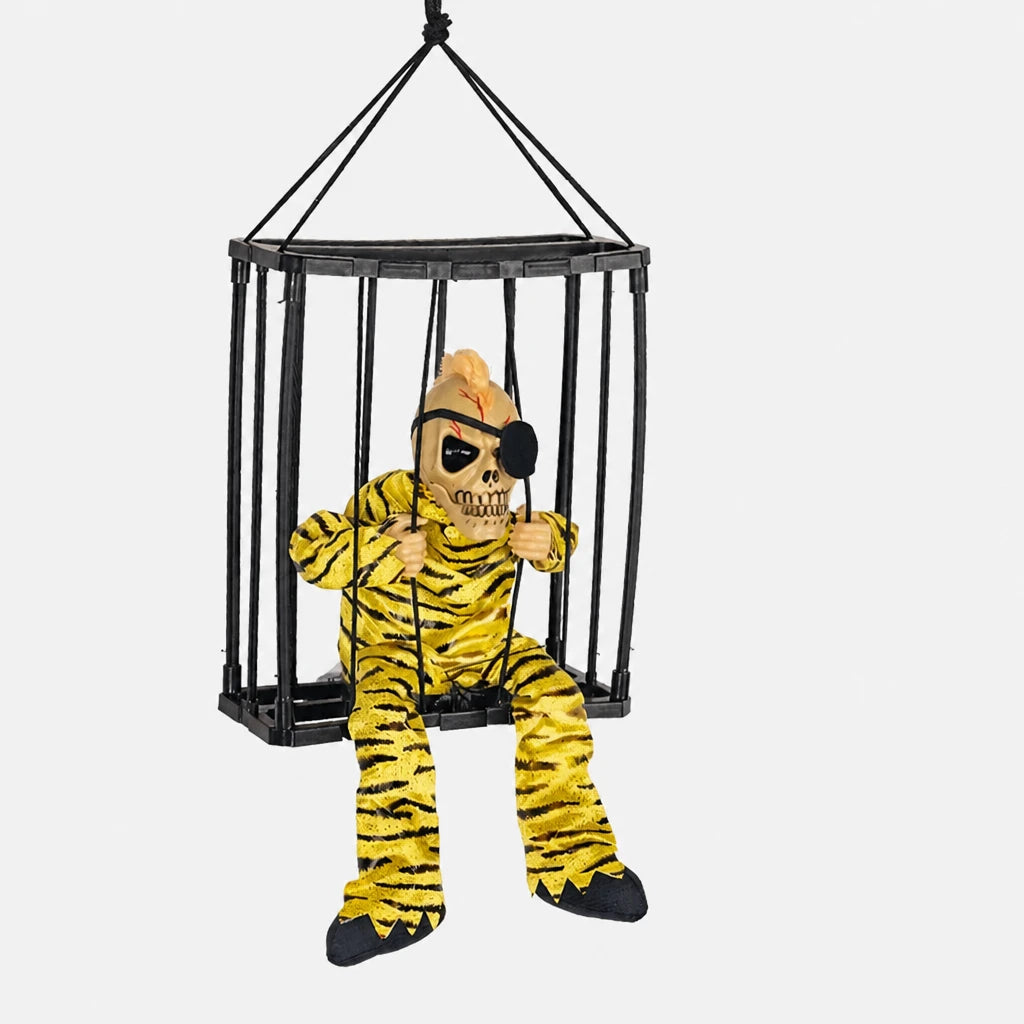 Croakley caged skeleton prop in tiger-stripe pirate costume design on a plain studio background