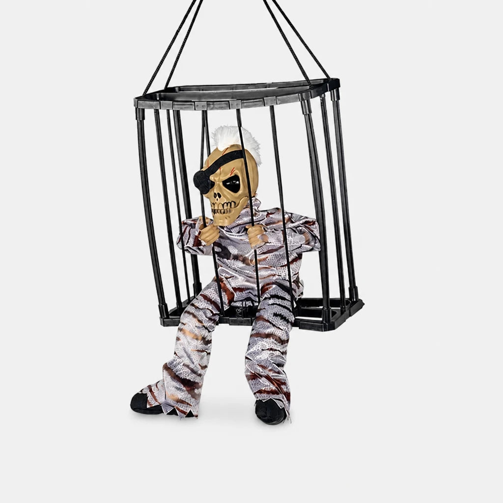 Croakley caged skeleton prop in white-haired pirate costume design on a plain studio background