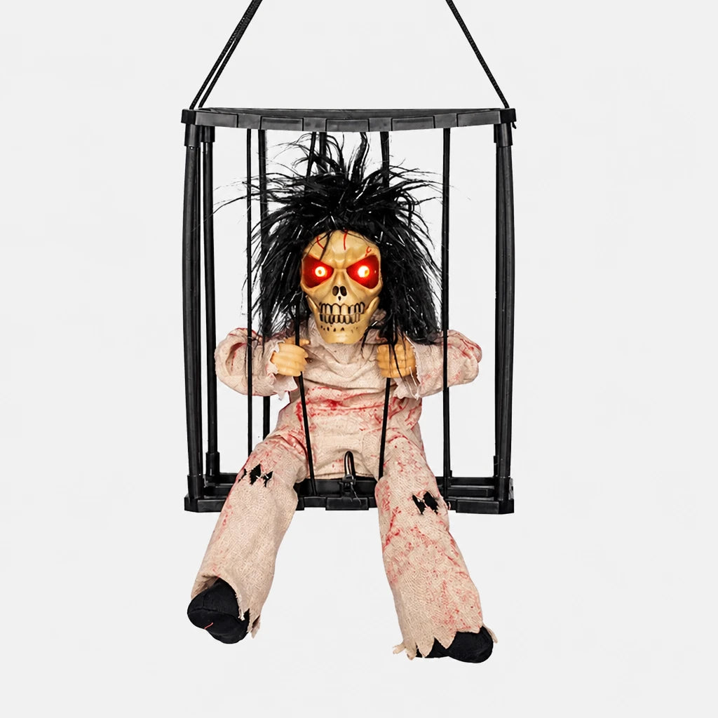 Croakley caged skeleton prop in wild-haired zombie bandage costume design on a plain studio background