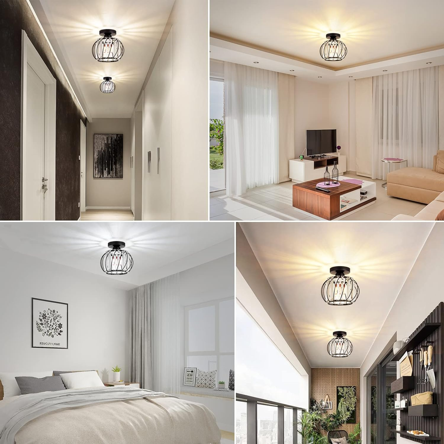 Collage showing the black crystal cage ceiling lamp styled in various modern home interiors