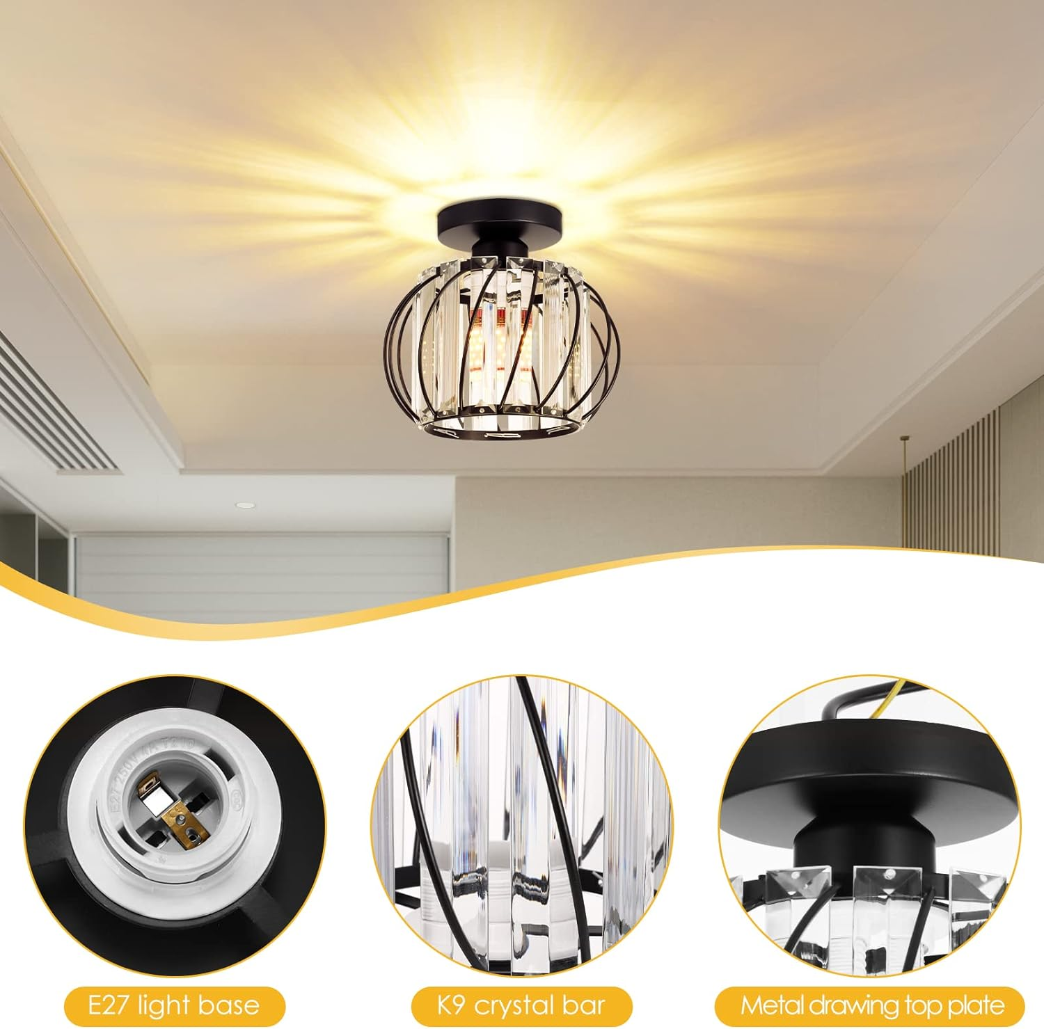 Close-up details of the E27 socket, iron frame, and glass prisms on the crystal flush mount