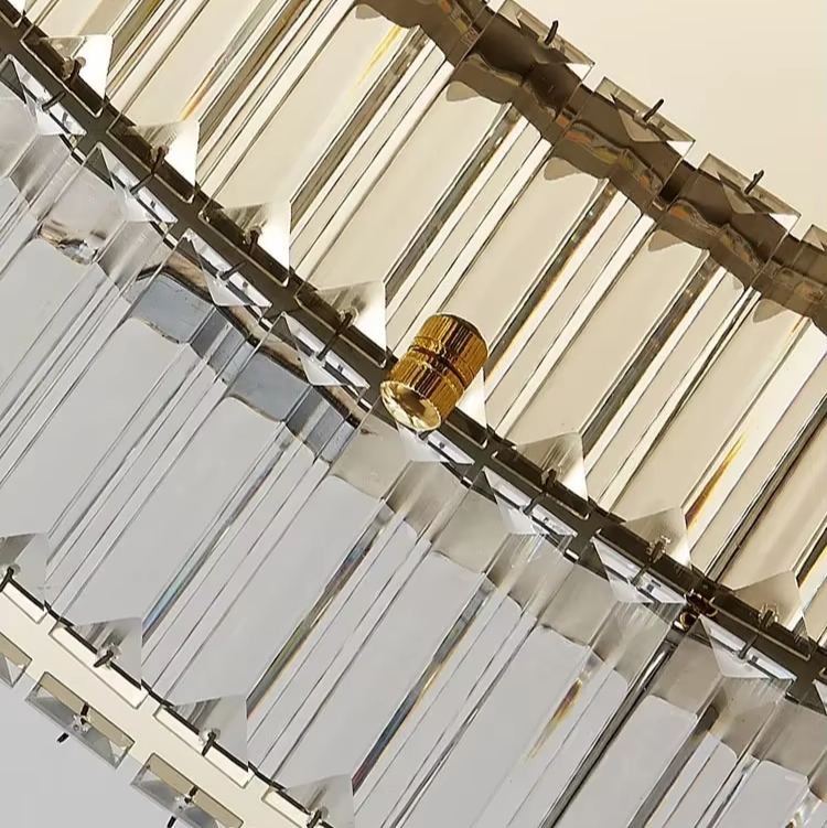 Close-up detail of high-quality precision-cut crystals on the halo ceiling lamp