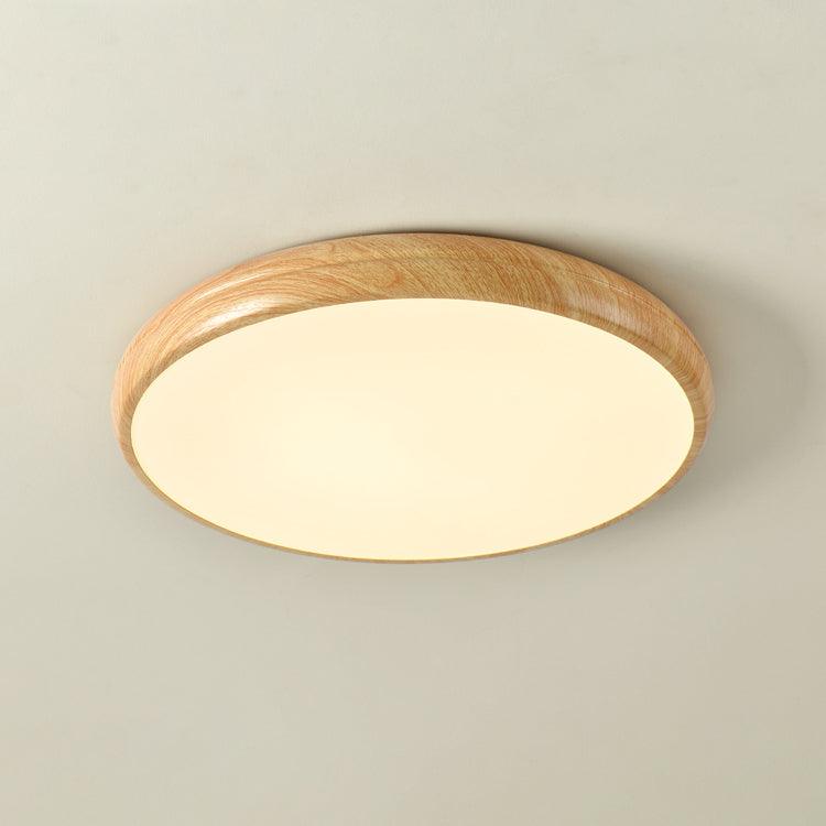 Front view of the curved light oak wood-effect LED ceiling light.