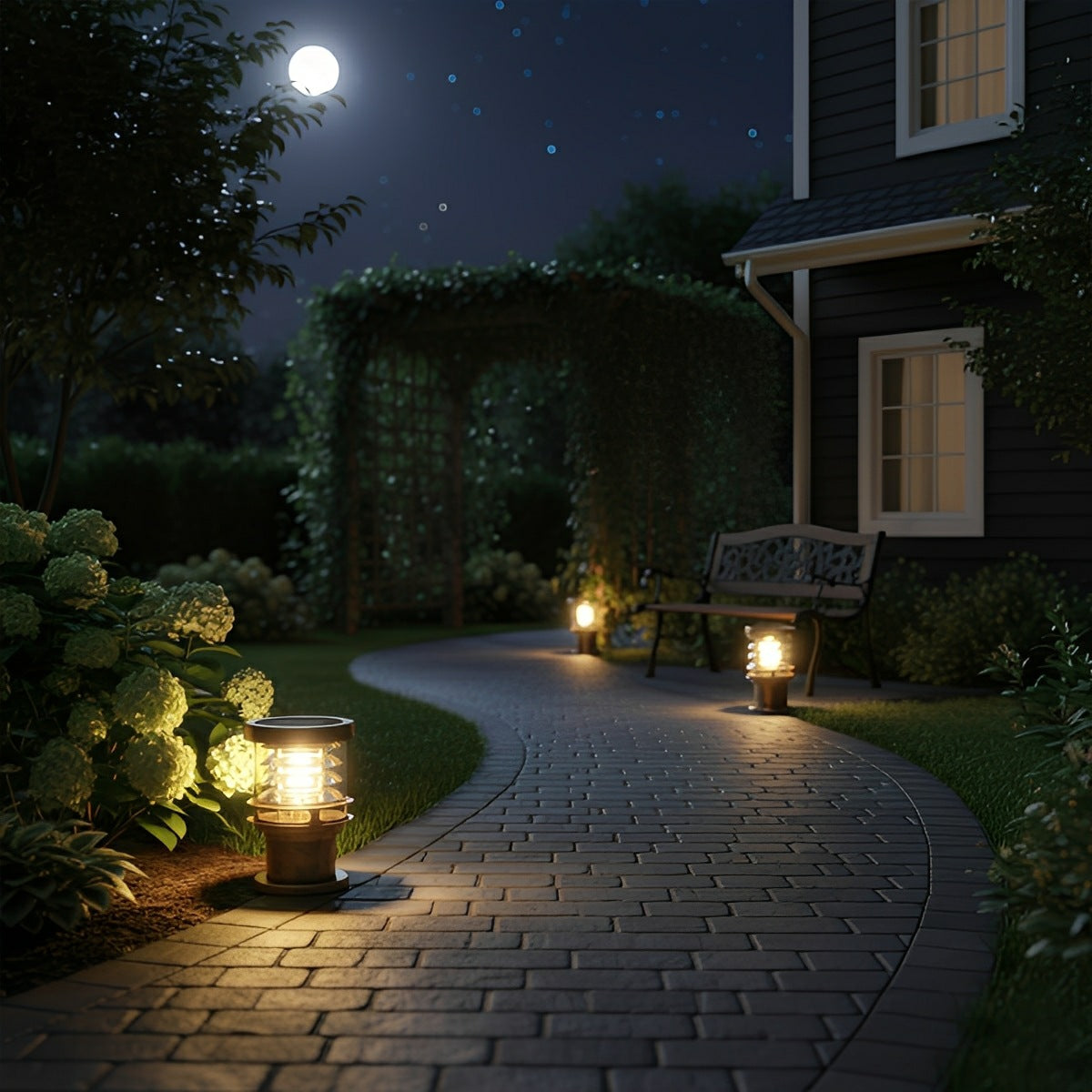 Bronze bollard lamp illuminating a curved brick garden pathway under the moonlight