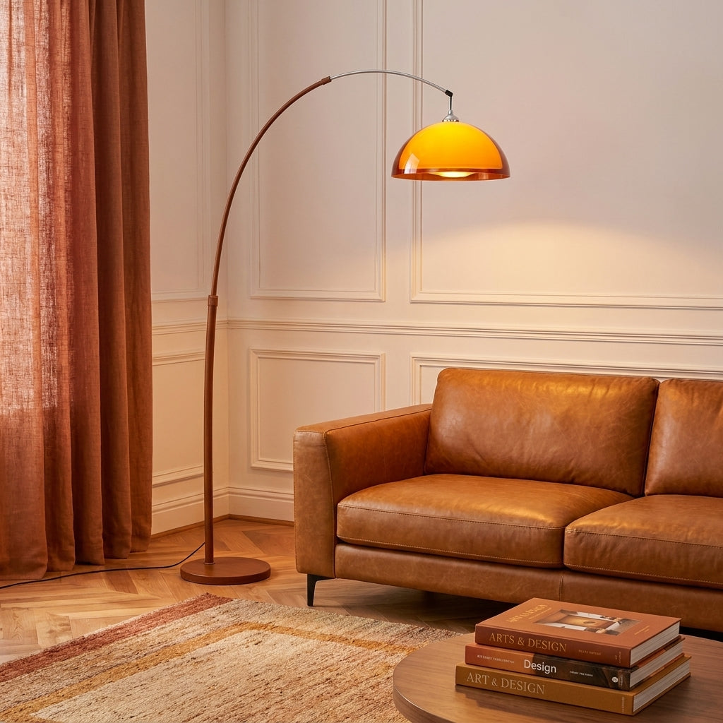 Dalzi arc floor lamp beside a caramel leather sofa with rust curtains and books on the coffee table