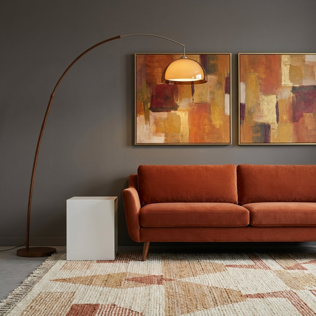 Dalzi arc floor lamp beside a terracotta sofa with abstract artwork on the wall