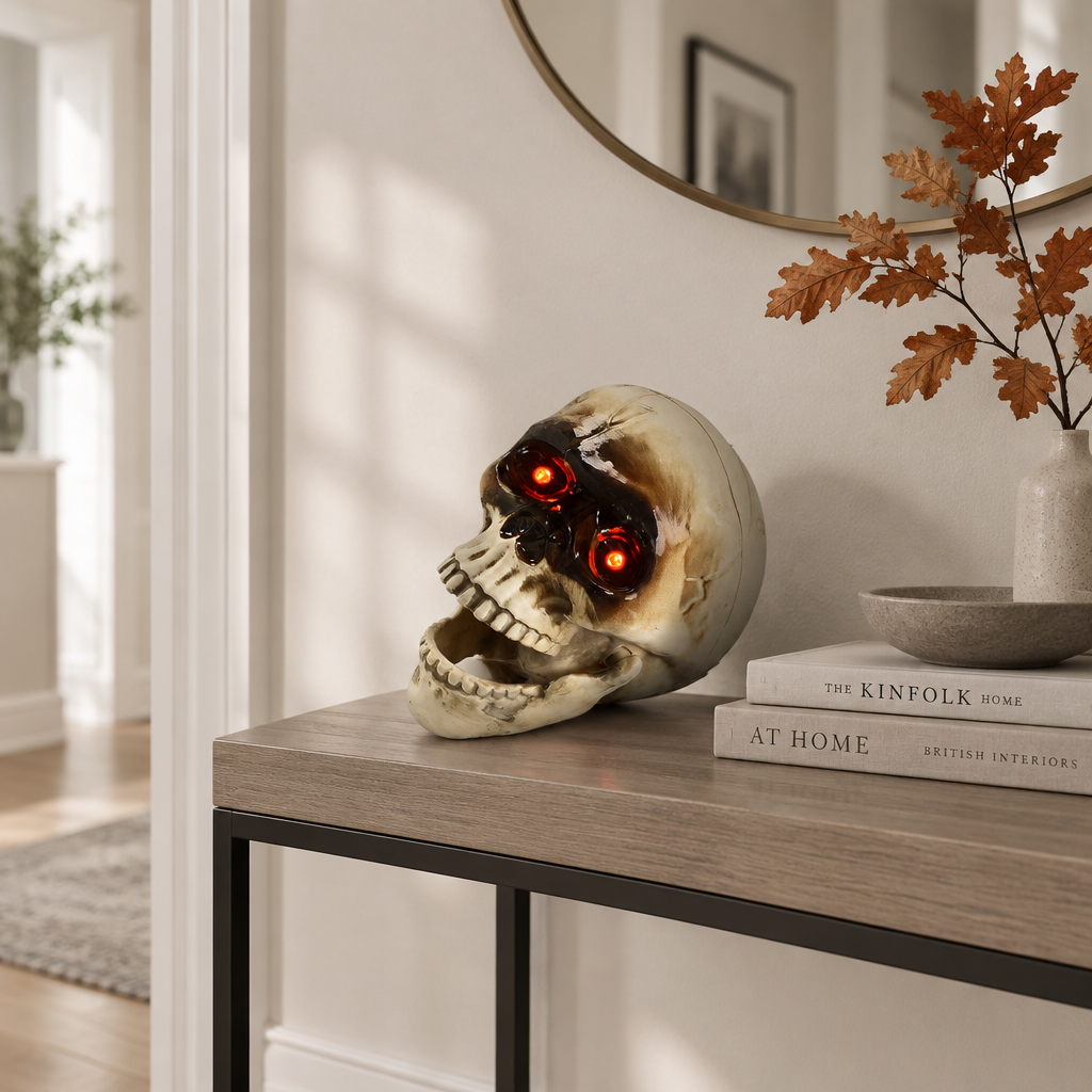 Darkle skull prop on a hallway console table styled with books and autumn leaves