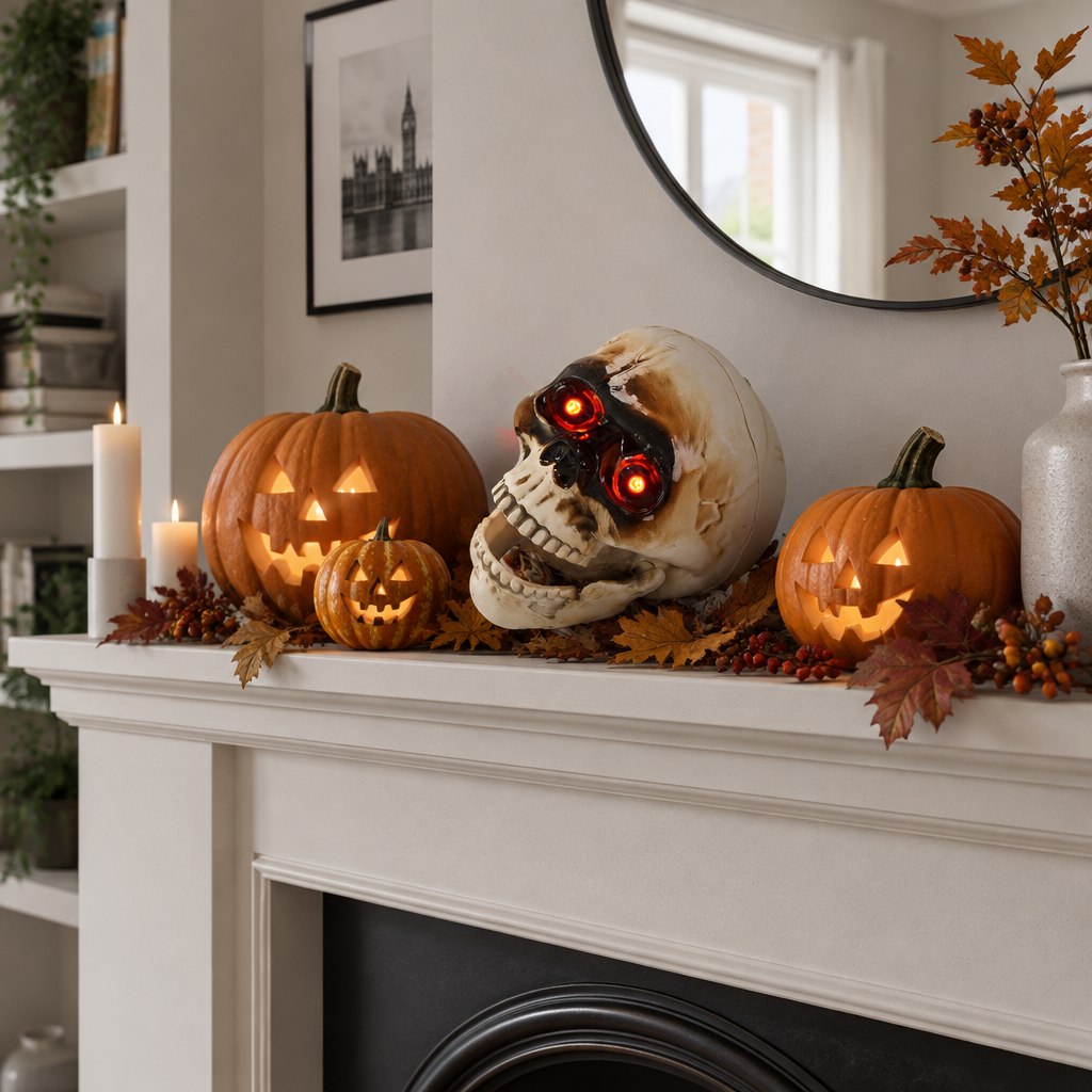 Darkle skull prop displayed on a mantelpiece with carved pumpkins and autumn leaves