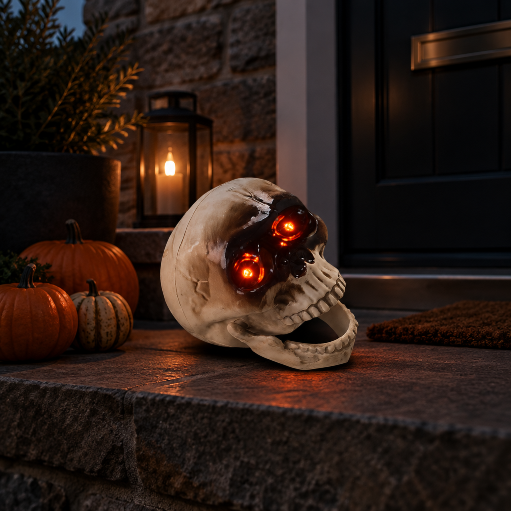 Darkle skull prop glowing on a stone porch step at night beside pumpkins and a lantern