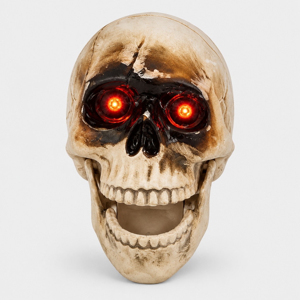 Darkle talking skull head Halloween prop, front view on a plain studio background