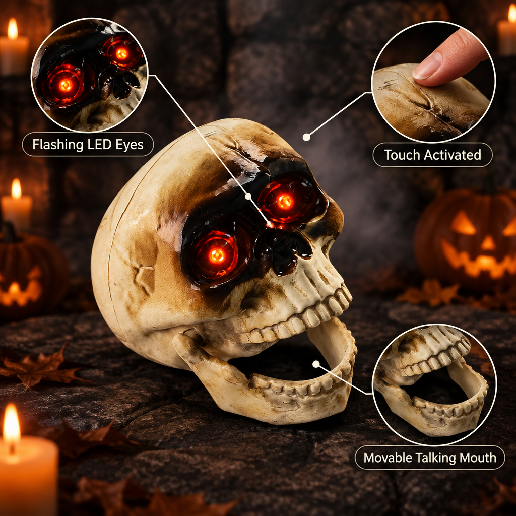 Infographic showing Darkle's flashing LED eyes, movable talking mouth and touch activated feature
