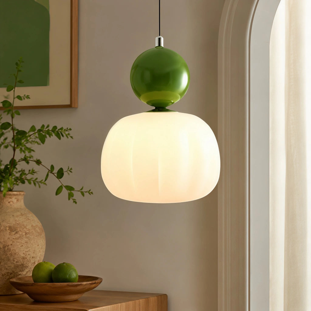Close-up of the green debz acrylic Art Deco pendant showcasing its glowing fluted shade