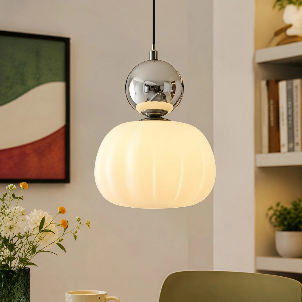 Close-up of the silver chrome debz Bauhaus pendant highlighting its reflective metallic finish