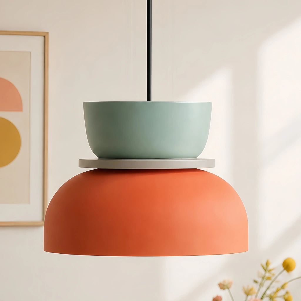 Modern Nordic colour block derq pendant light featuring a light blue and orange macaron design