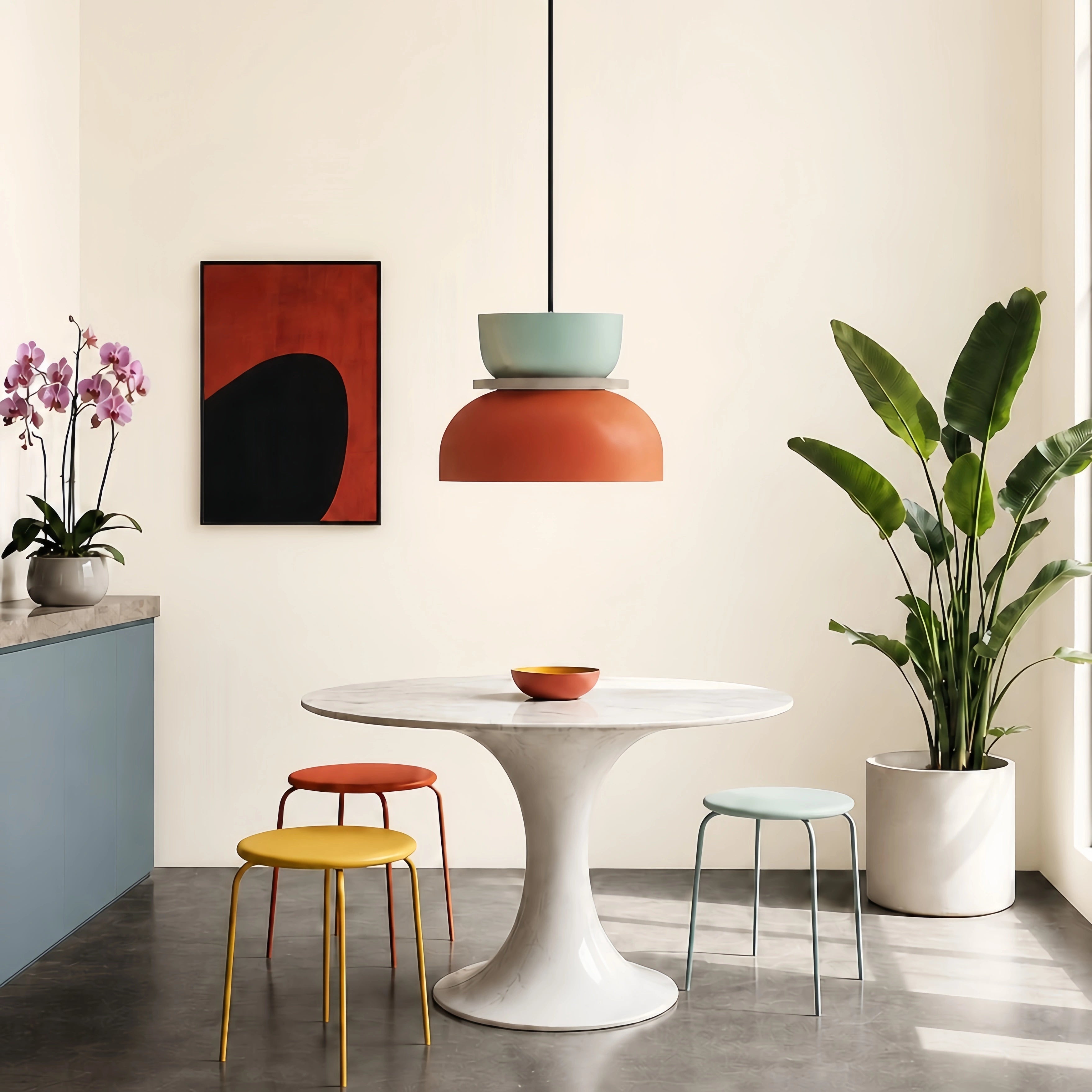 light blue and orange multi-layer derq pendant light illuminating a minimalist round dining table setting