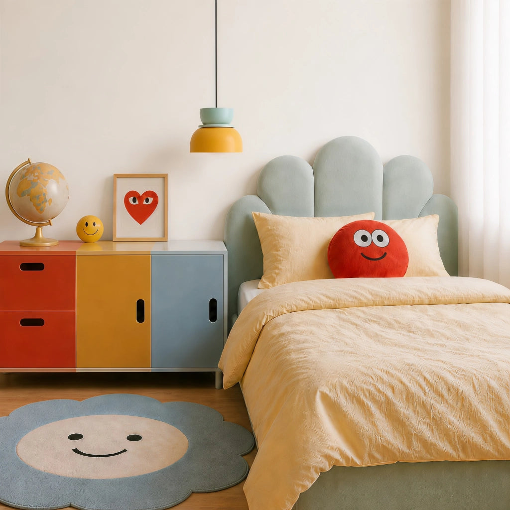 Light blue and yellow colour block derq pendant acting as a playful bedside light in a children's bedroom