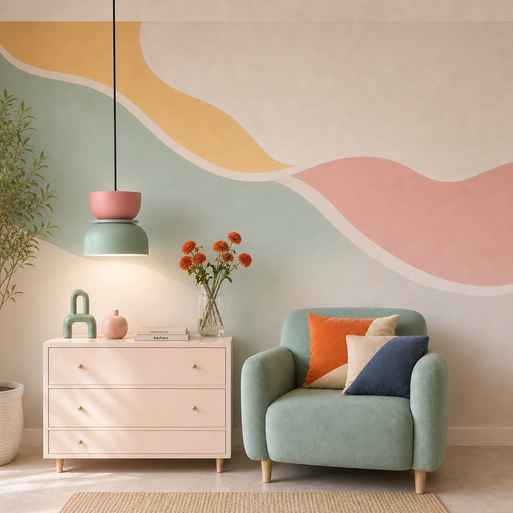 Light green and pink macaron derq pendant light styled in a bright, modern living room with colourful decor.