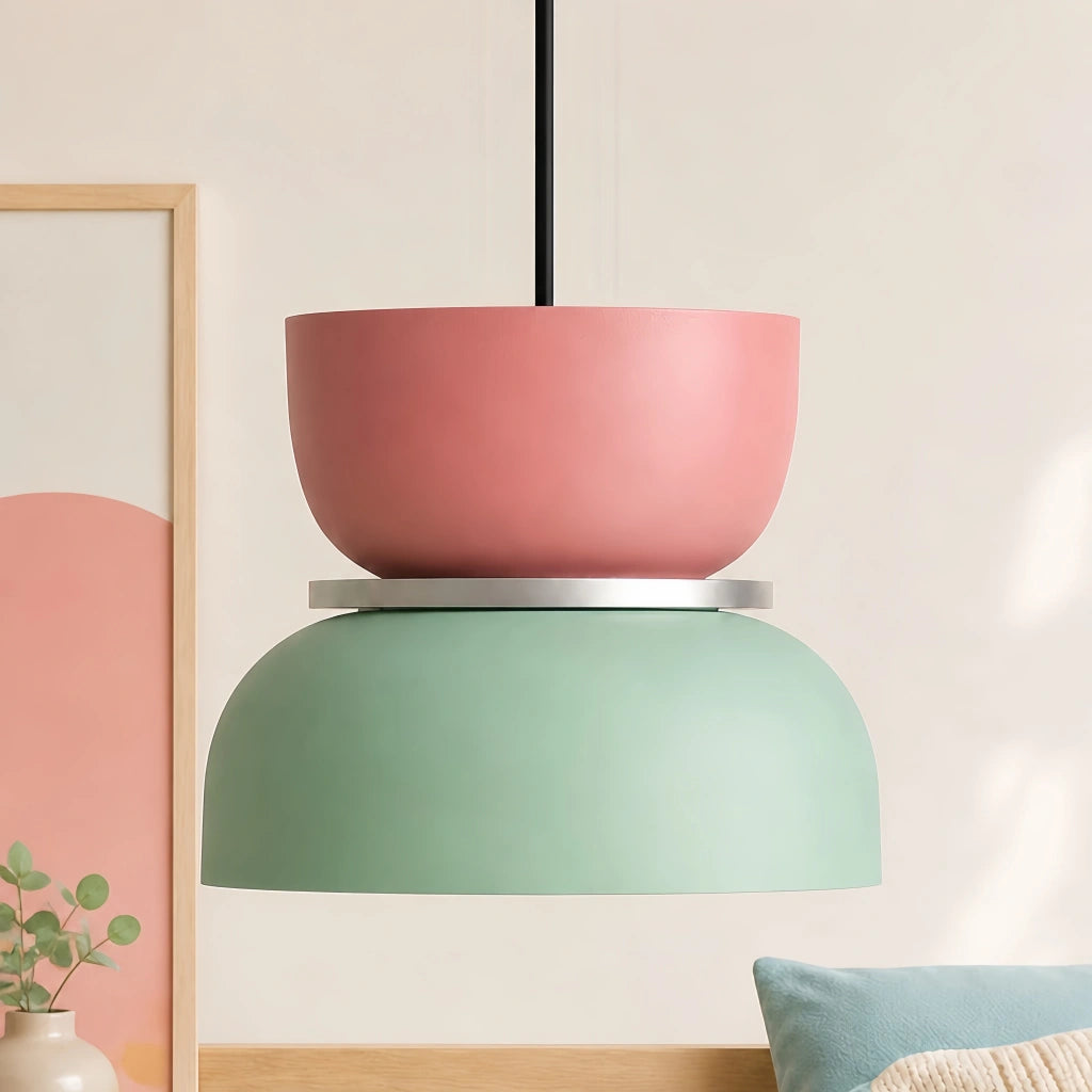 Isolated view of the pink and light green pastel colour block derq ceiling lamp