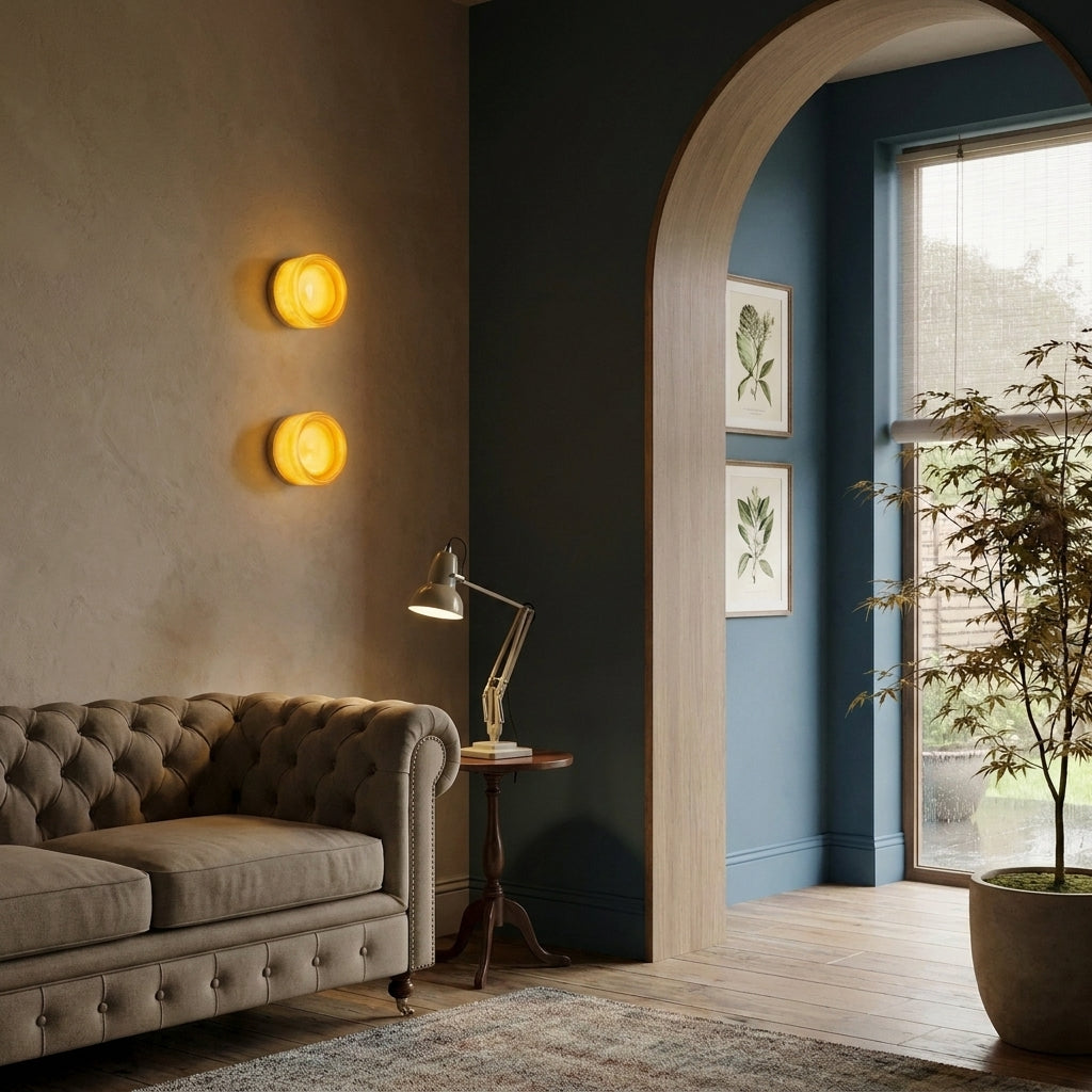 Doxlu amber glass wall sconces glowing warmly above a chesterfield sofa in a living room
