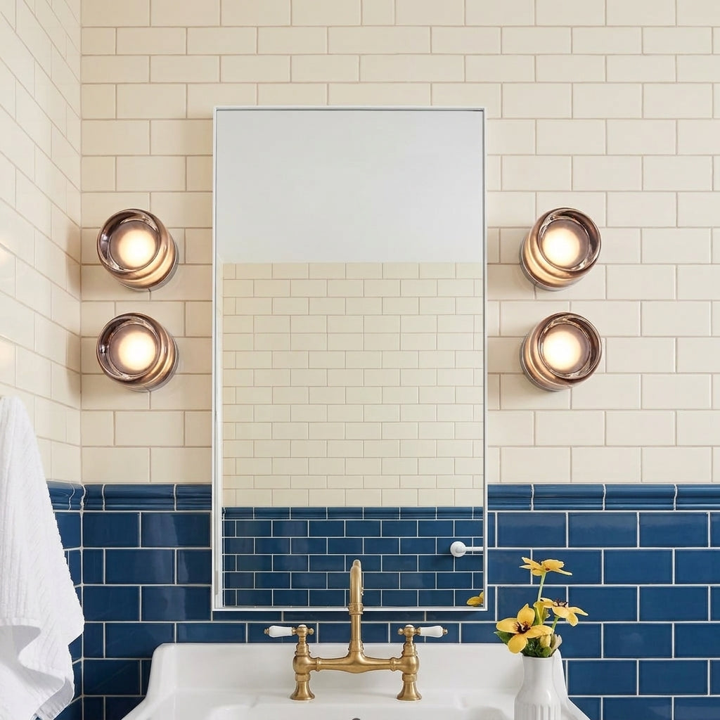 Two pairs of Doxlu glass wall sconces flanking a bathroom mirror above a brass tap