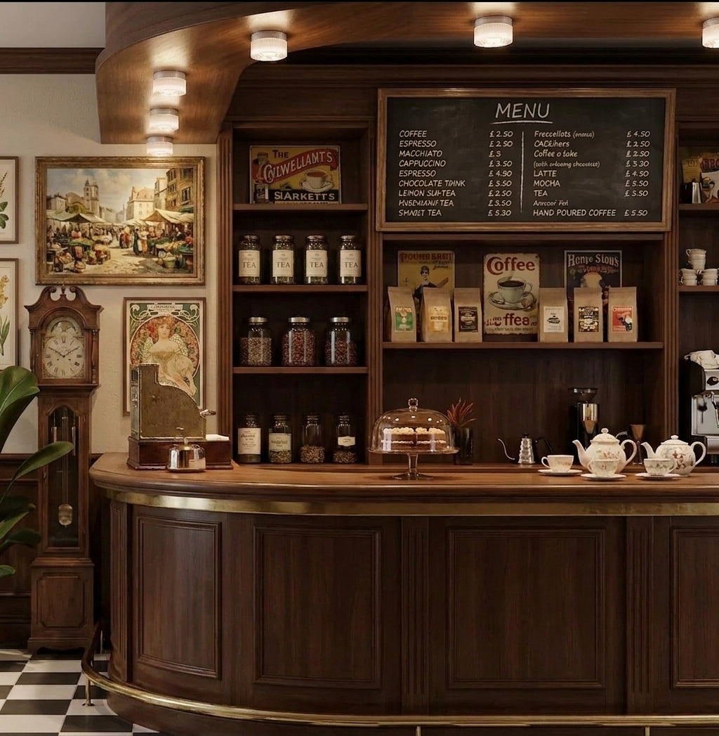 Doxlu fixtures ceiling-mounted in a row above a vintage-style café counter