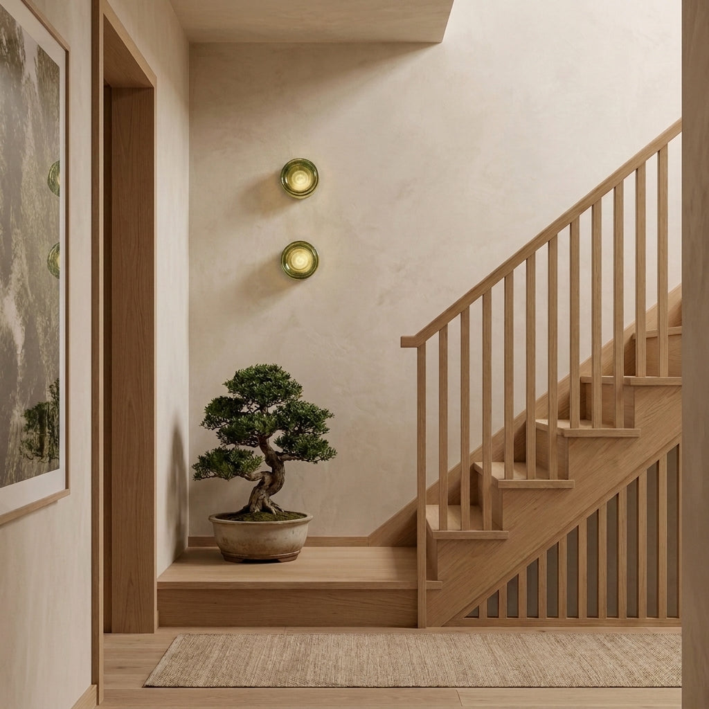 Doxlu green glass wall sconces styled in a vertical pair beside a wooden staircase with a bonsai tree