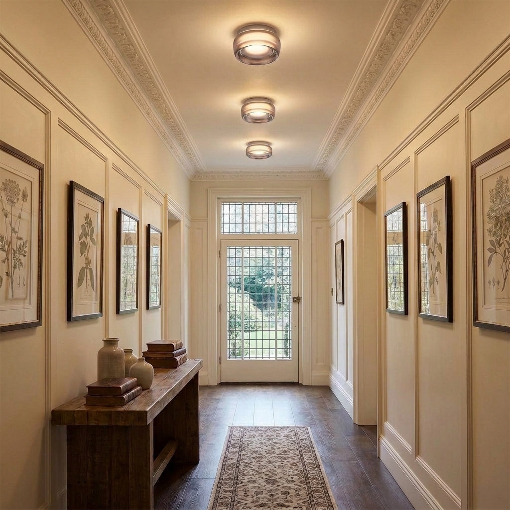 Doxlu round lights fitted along a hallway ceiling, illuminated
