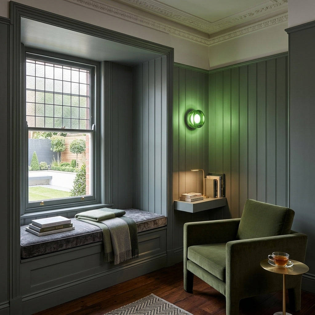 Doxlu green glass wall sconce mounted beside a window seat