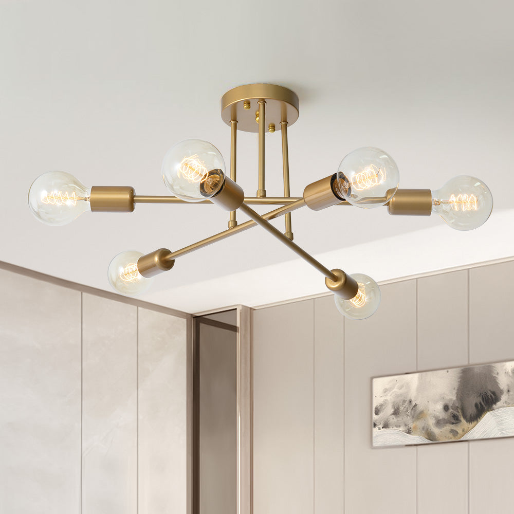 Modern dubce 6-light brass Sputnik chandelier acting as a stunning semi-flush mount centrepiece in a contemporary room