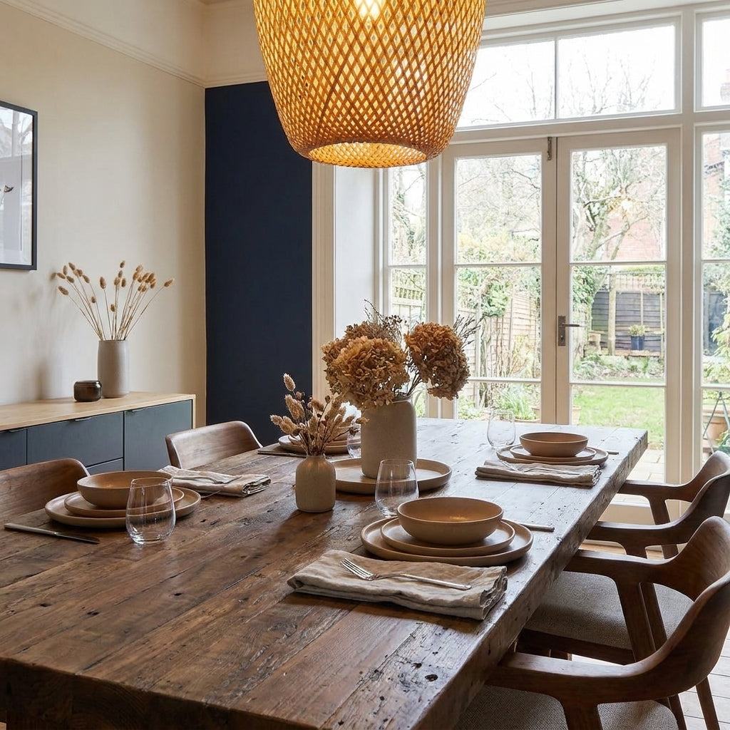 Duxpa bamboo pendant light above a wooden dining table