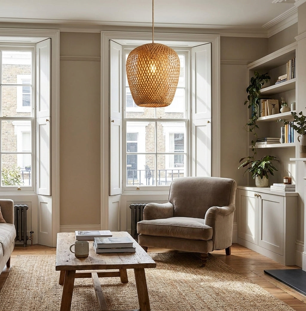 Duxpa bamboo pendant light in a living room by a window