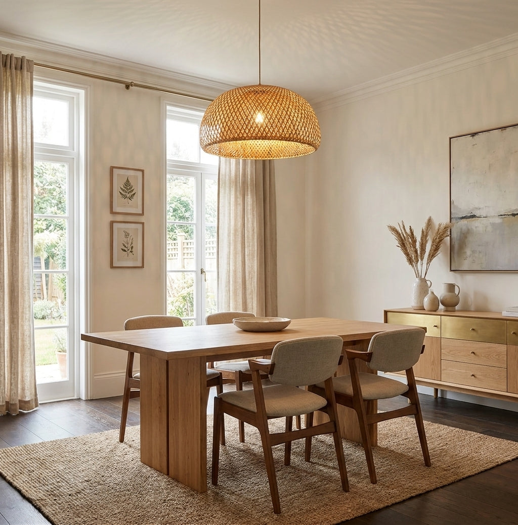 Duxpa bamboo pendant light in a dining room with bookshelves