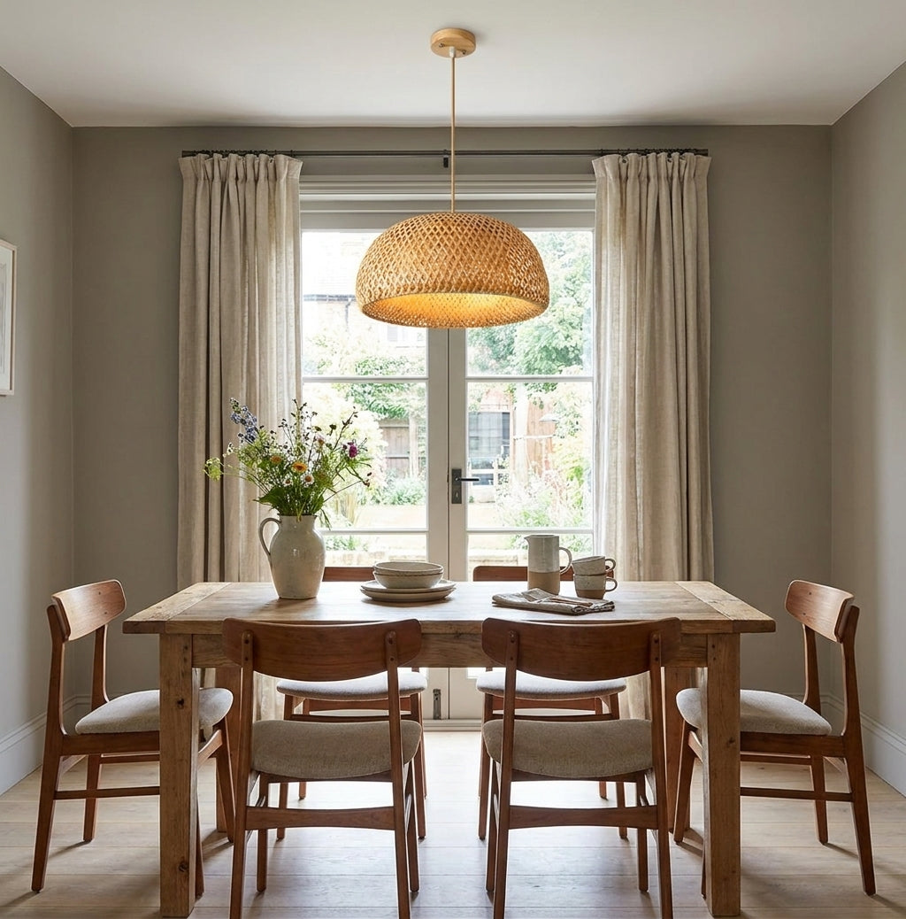 Duxpa bamboo pendant light above a dining table with sheer curtains
