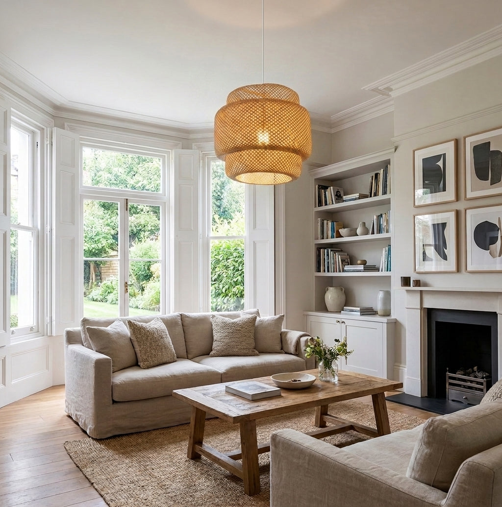 Duxpa bamboo pendant light in a living room with a fireplace