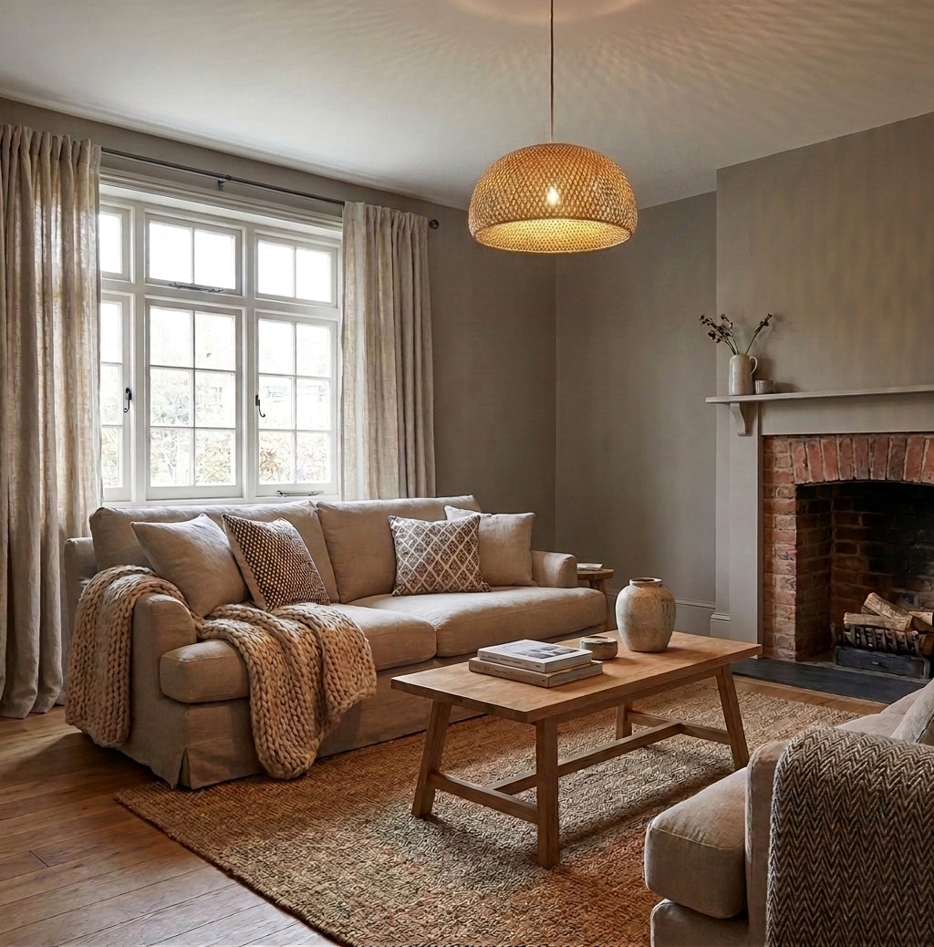 Duxpa bamboo pendant light above a living room sofa