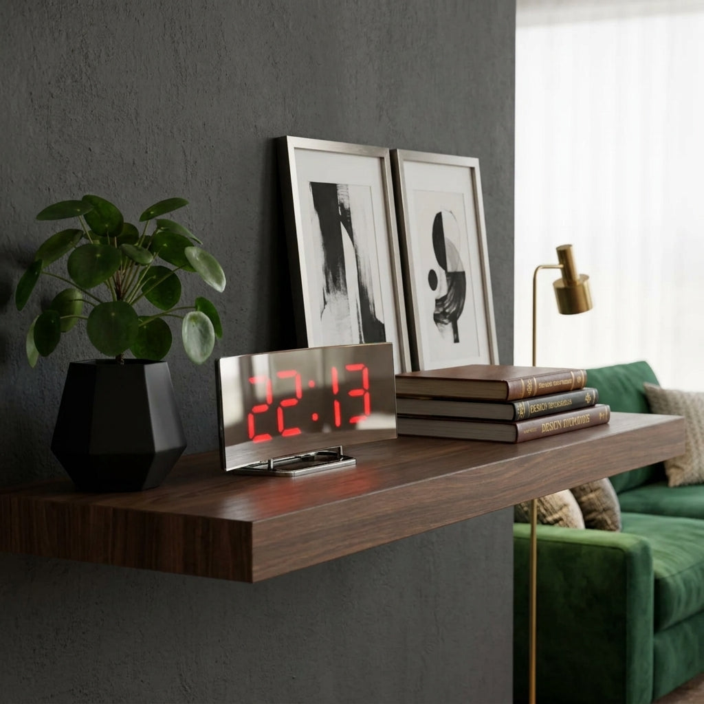 A modern LED digital alarm clock with a brushed silver metal frame and glowing red numerals, displayed on a floating dark wood shelf in a stylish living room setting.