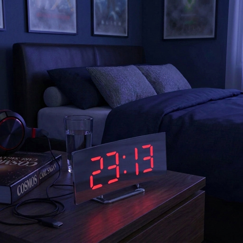 A digital LED alarm clock displaying 23:13 in bright red on a dark stand, placed on a bedside table in a dimly lit bedroom next to a glass of water and a book.