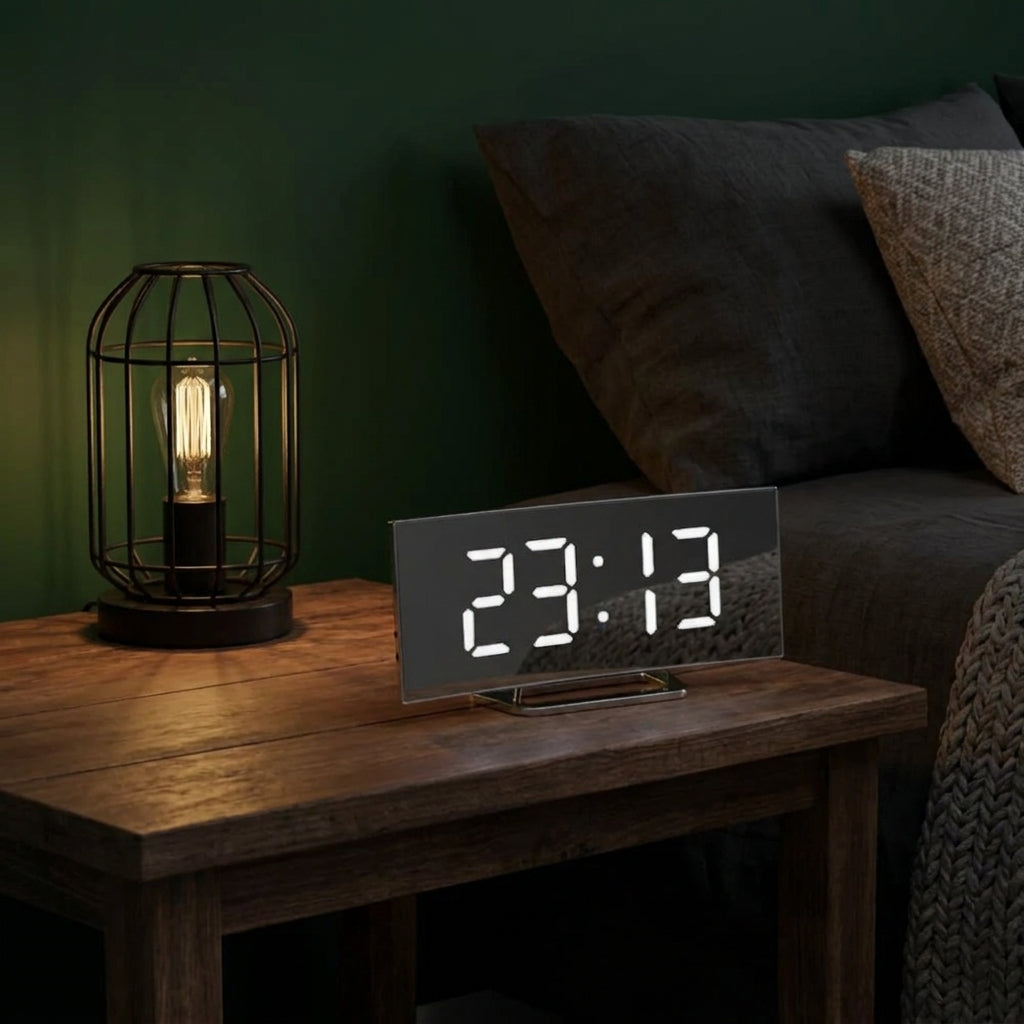 A rectangular digital alarm clock with large white LED numbers sits on a wooden bedside table in a dimly lit bedroom. The clock has a dark reflective face and a slim metal base, with a black cage-style table lamp glowing on the left and a dark sofa with pillows in the background.