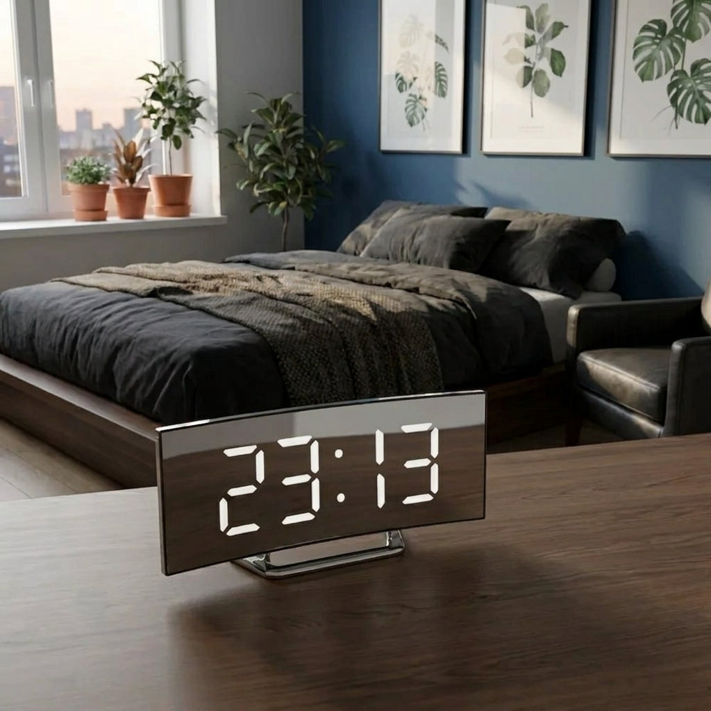 A modern digital alarm clock with a curved black face and white LED numbers sits on a wooden table in a styled bedroom setting.