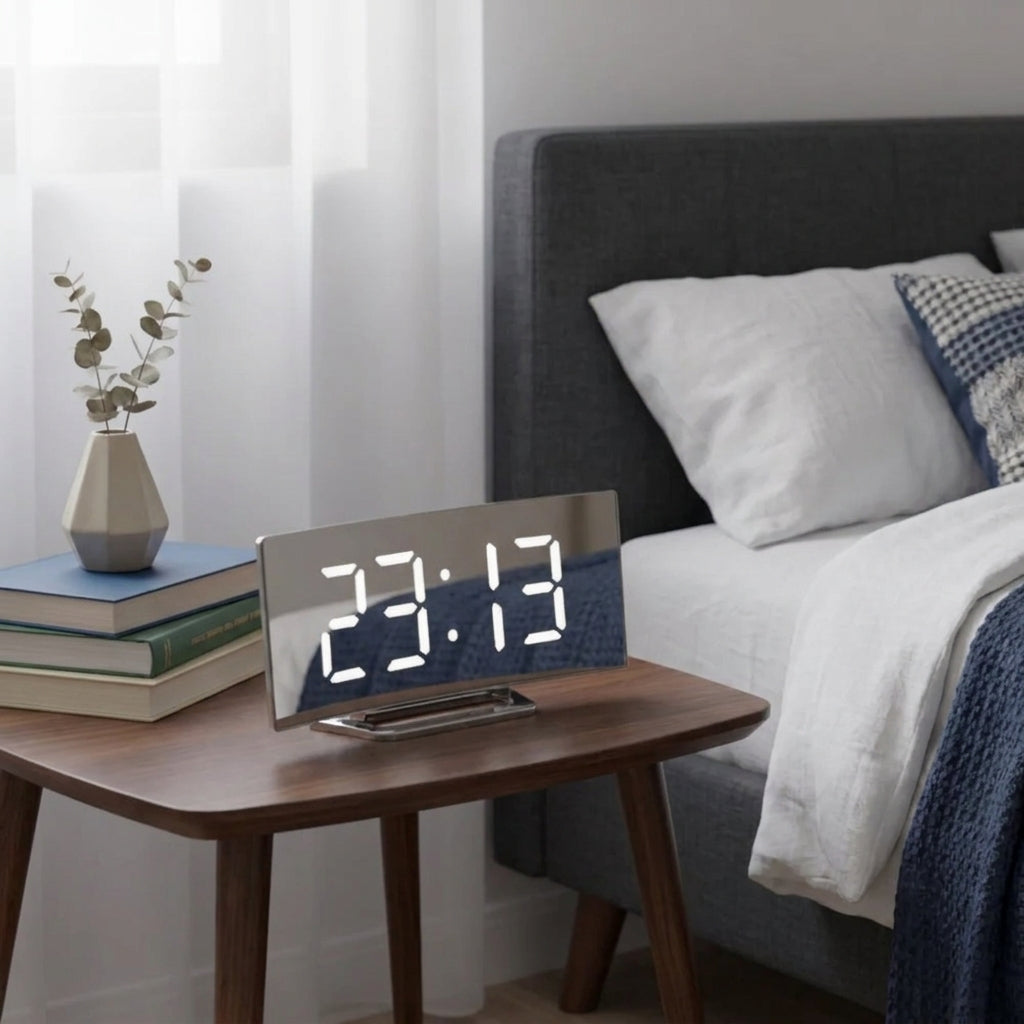 A digital LED clock with a mirrored silver frame sits on a wooden bedside table next to a bed with white linens and a grey headboard.