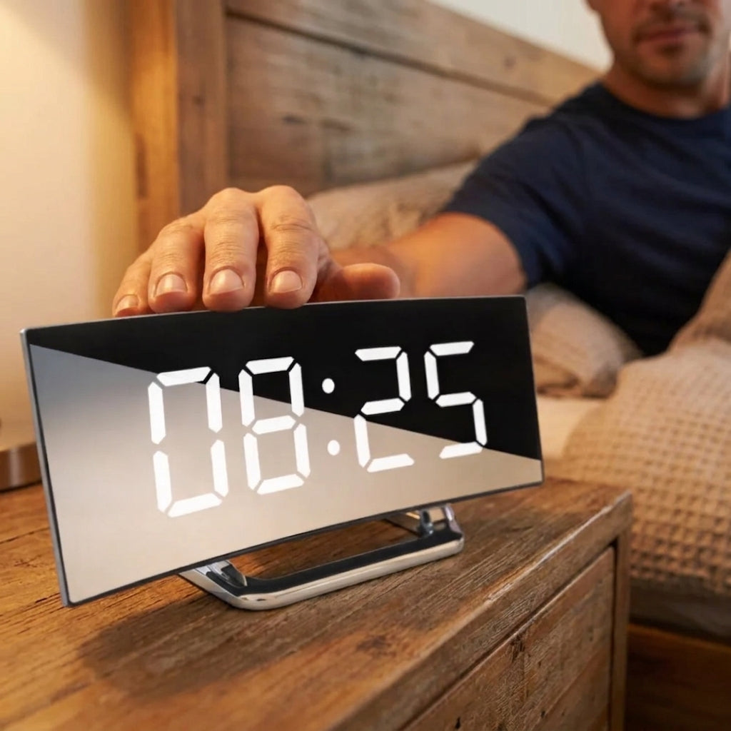 A modern digital alarm clock with a glossy black face and white LED numbers sits on a wooden bedside table. A person's hand is resting on the top of the clock, and a man is blurred in the background of a bedroom setting.
