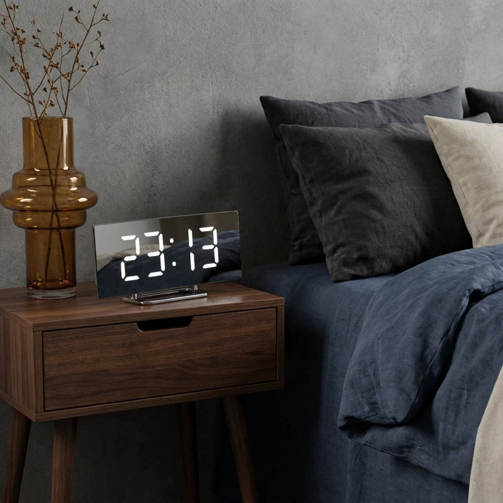 A rectangular digital alarm clock with a mirrored glass front displaying 23:13 in white LED digits, placed on a dark wood bedside table next to a bed with blue bedding and dark grey pillows.
