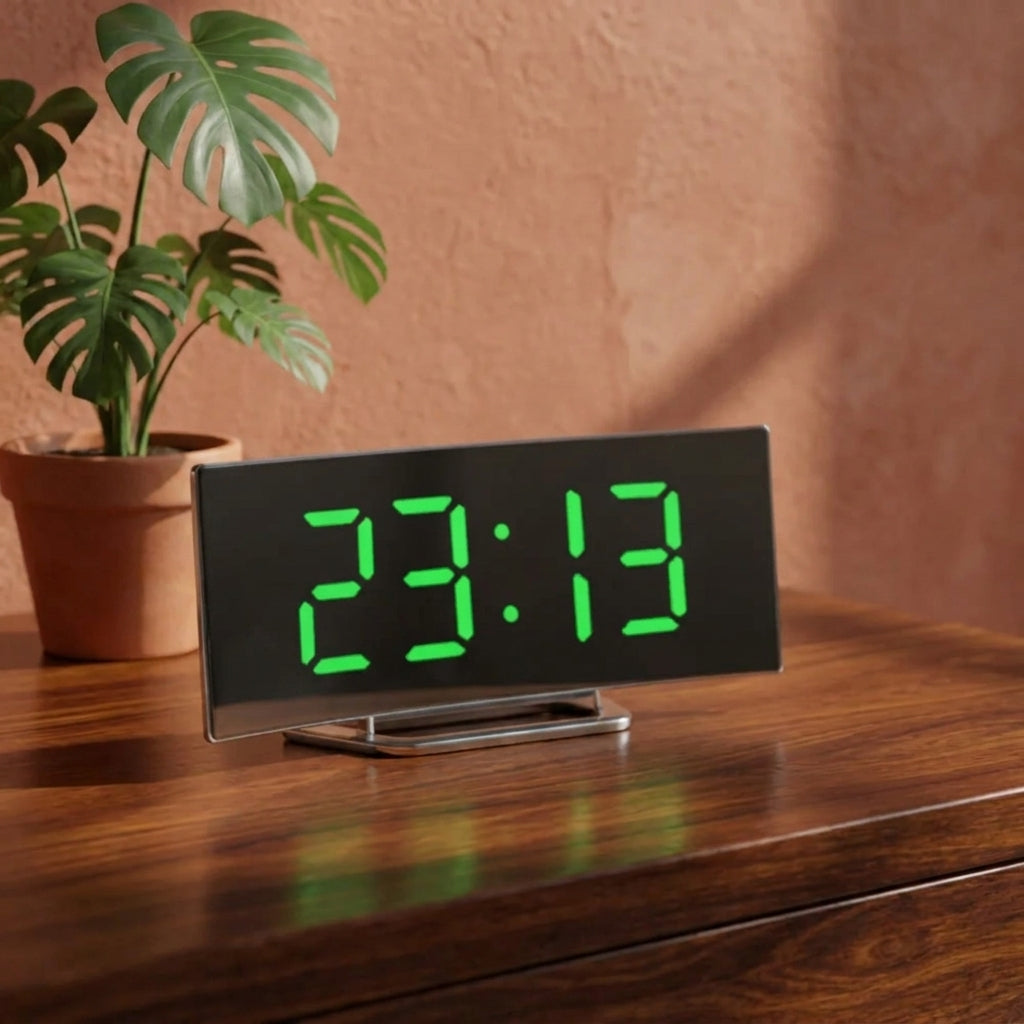 A rectangular digital clock with a black face and bright green LED numbers showing 23:13, placed on a wooden table next to a potted plant against a warm textured wall.