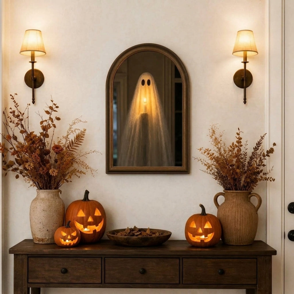 Ebonly glowing ghost mirror lit up above a Halloween entryway console table with jack-o'-lanterns