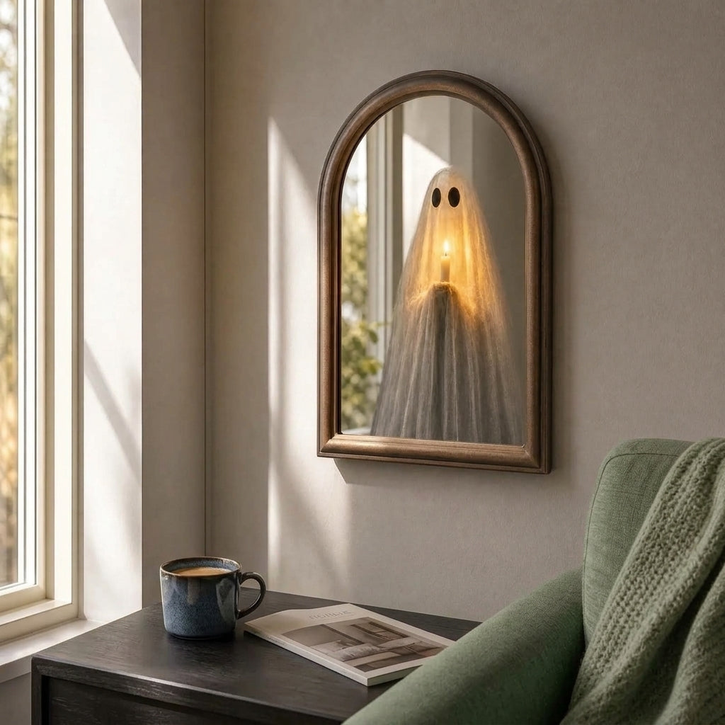 Ebonly glowing ghost mirror on a living room wall beside a window in daylight