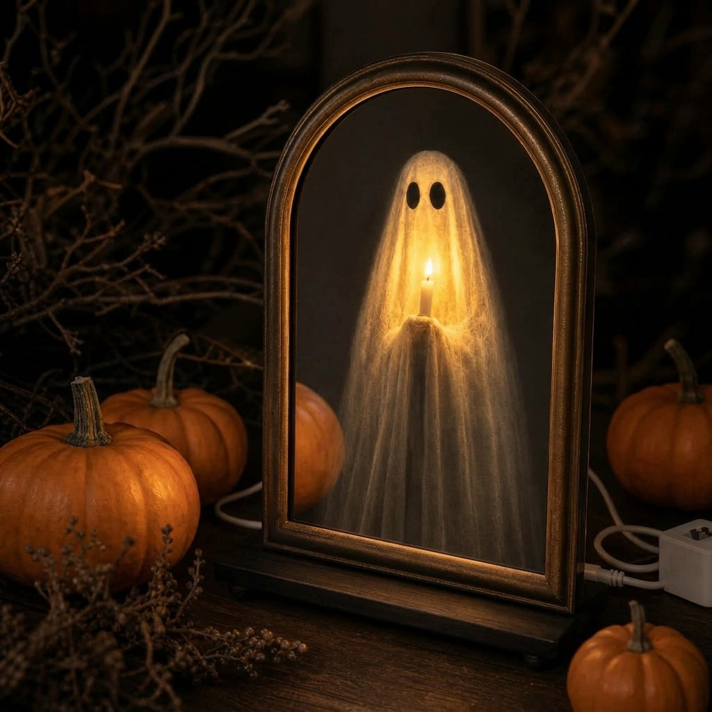 Ebonly glowing ghost mirror on its wooden stand at night surrounded by pumpkins