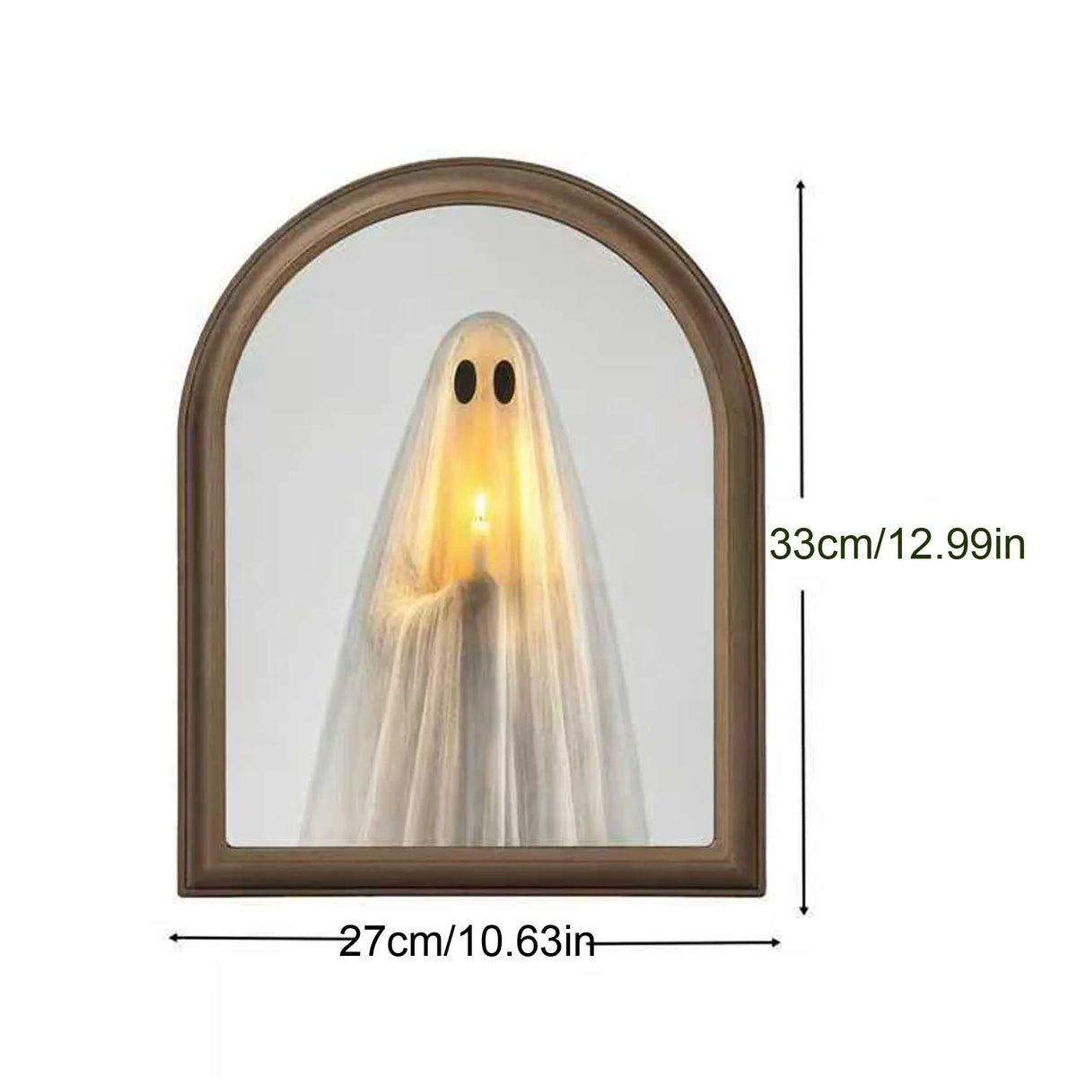 Ebonly glowing ghost mirror size chart showing 27cm width and 33cm height