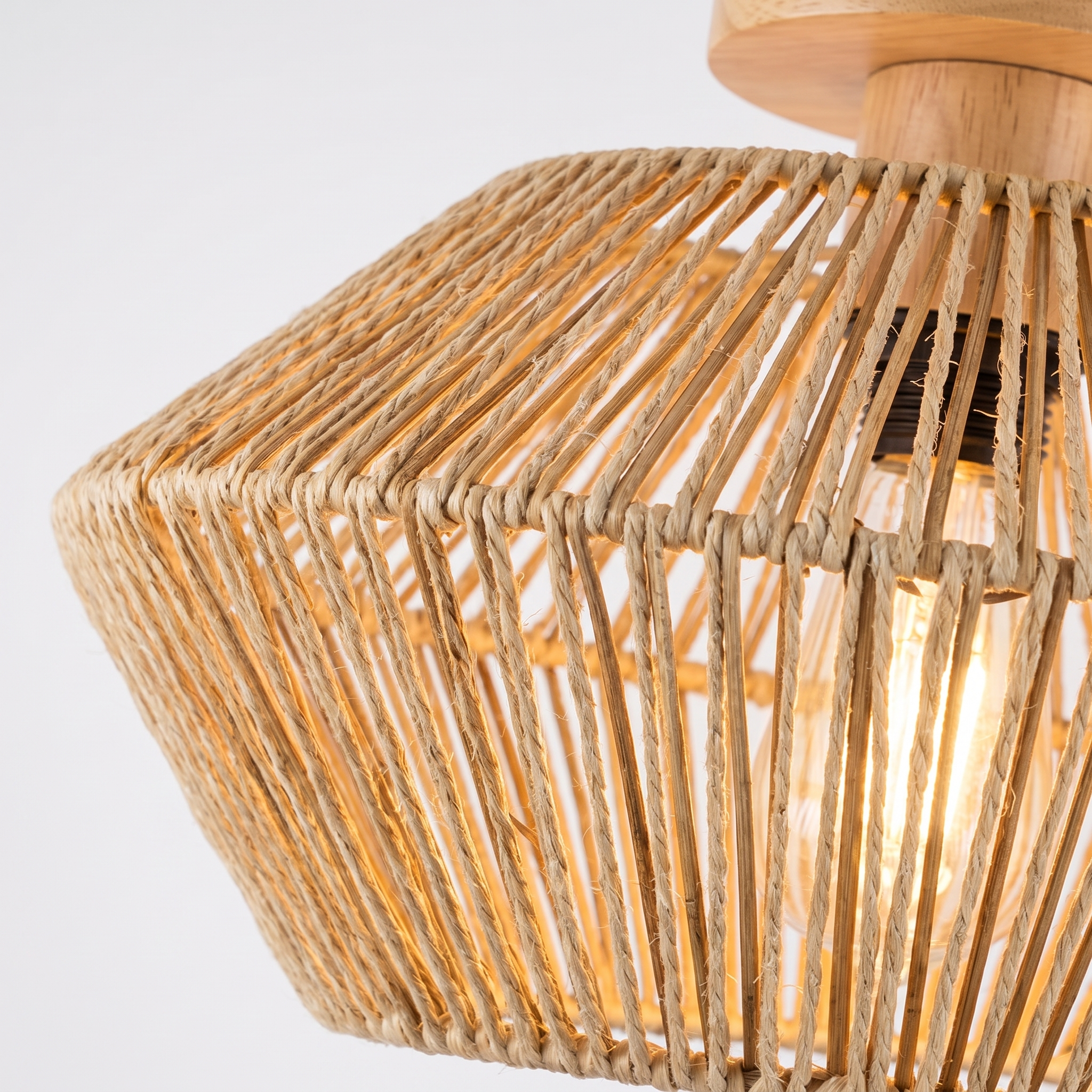 Ekza rattan and rope woven texture close-up detail, Japandi wabi-sabi styled ceiling light