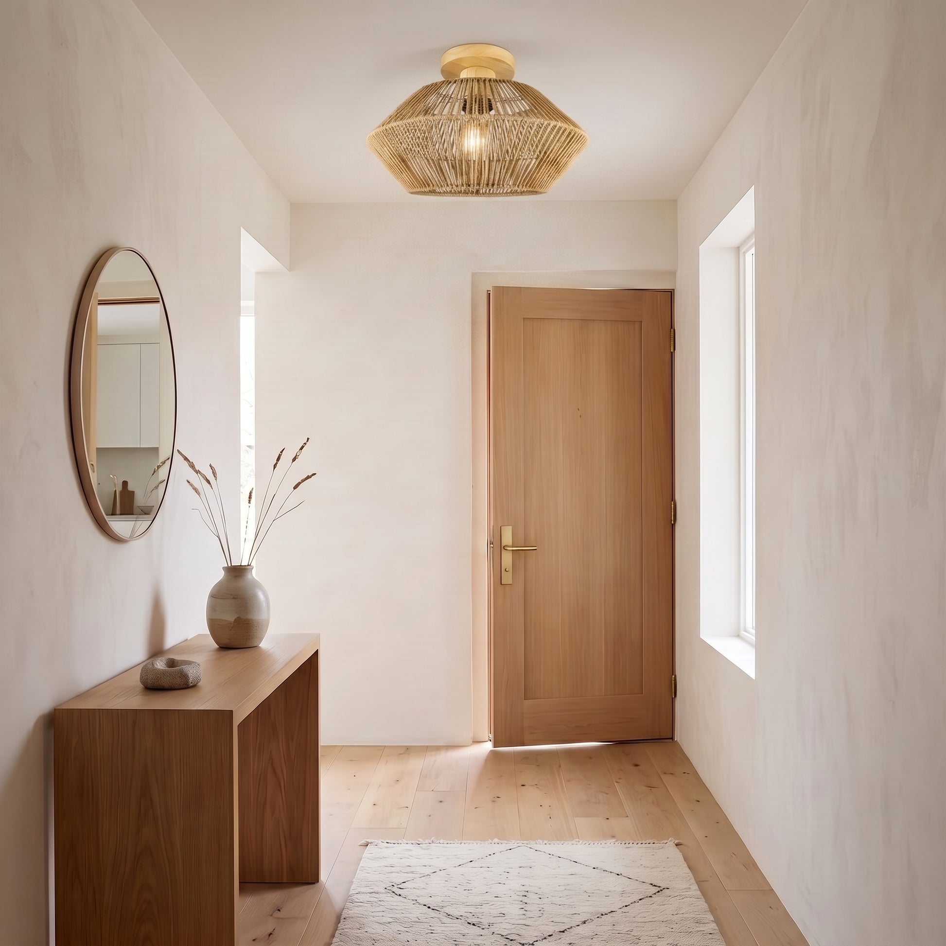 Ekza Japandi wabi-sabi woven rattan ceiling lights, pair in entryway