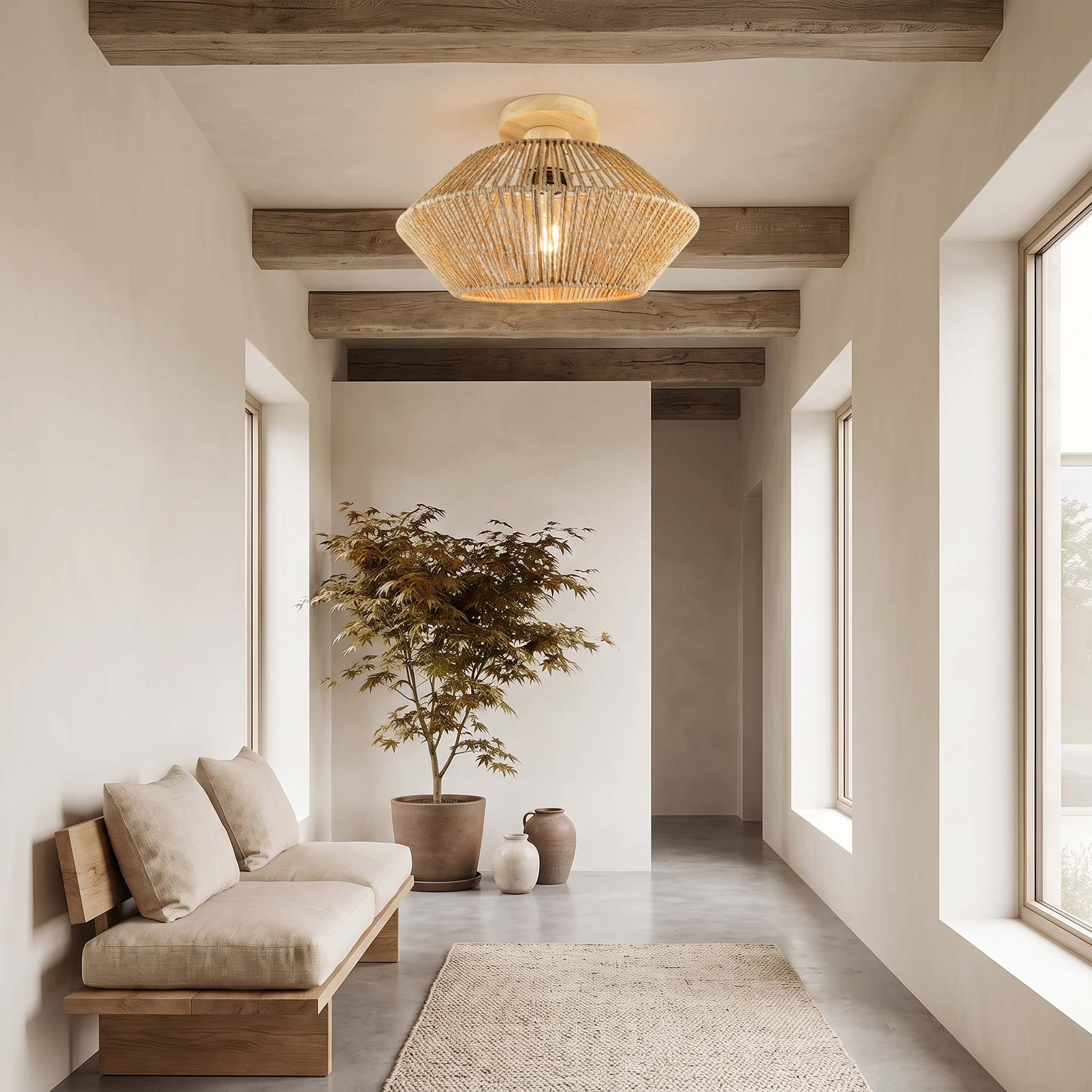 Ekza Japandi wabi-sabi woven rattan ceiling light in hallway with wood beam ceiling